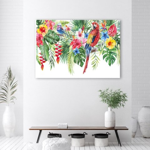 Obraz na płótnie, Liście kwiaty papuga tropikalne - 90x60