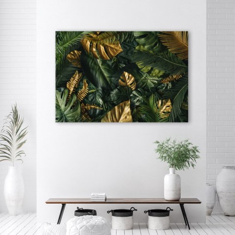 Obraz na płótnie, Złote liście tropikalne - 120x80