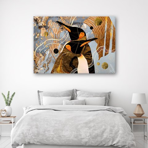 Obraz na płótnie, Złote Pingwiny Zwierzęta Abstrakcja - 120x80