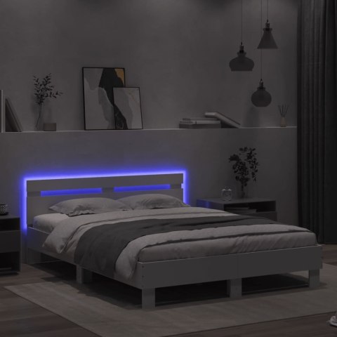 Rama łóżka z wezgłowiem i LED, biała, 150x200 cm