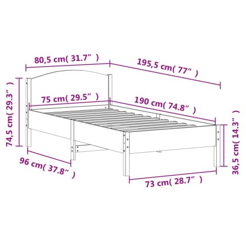 Rama łóżka z wezgłowiem, biała, 75x190 cm, lite drewno sosnowe