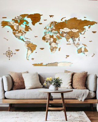 Drewniana Mapa Świata Podświetlana LED 3D Sikorka® 250x125cm Creme
