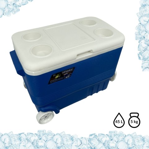 Lodówka turystyczna 45L z kółkami Kamai Coolbox pasywna na wkłady mrożące, niebieska z białą rączką