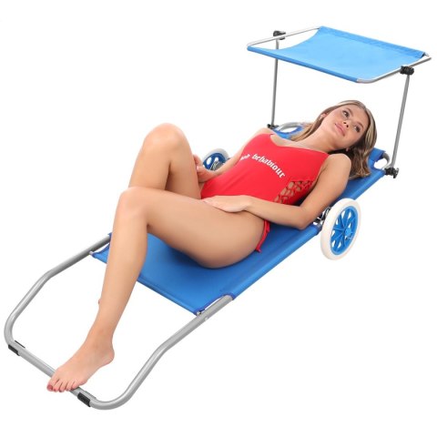LEŻAK SKŁADANY PLAŻOWY Z DASZKIEM NA KÓŁKACH 112x62x60-90CM NIEBIESKI