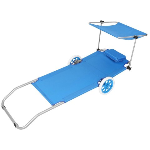 LEŻAK SKŁADANY PLAŻOWY Z DASZKIEM NA KÓŁKACH 112x62x60-90CM NIEBIESKI