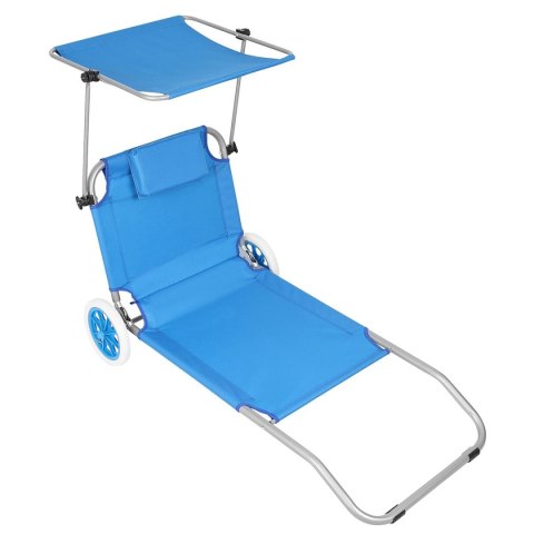 LEŻAK SKŁADANY PLAŻOWY Z DASZKIEM NA KÓŁKACH 112x62x60-90CM NIEBIESKI