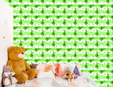 Tapeta Dla Dzieci - Dinozaury Na Tle Zielono - Białych Pasków