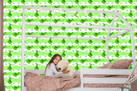 Tapeta Dla Dzieci - Dinozaury Na Tle Zielono - Białych Pasków
