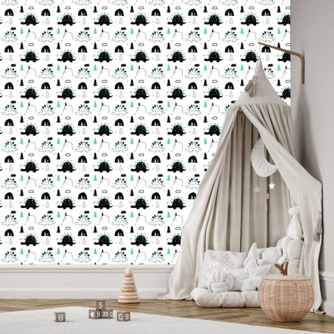 Tapeta Do Pokoju Dziecka Dinozaury, Drzewa, Chmury