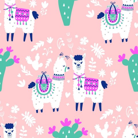 Tapeta Dla Dzieci - Wesołe Lamy, Kaktusy I Kwiatki