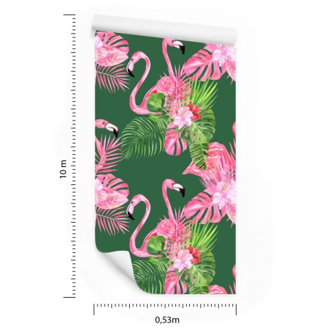 Tapeta Do Salonu Flamingi, Ptaki, Kwiaty, Zieleń
