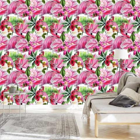 Tapeta Do Salonu, Flamingi, Róże, Kwiaty, Liście