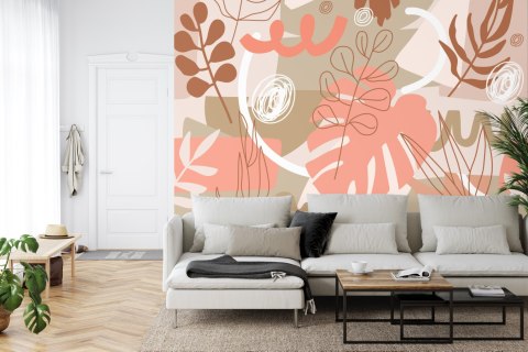Fototapeta Contemporary Collage Seamless Pattern. Terracotta Abstract Shapes, Tropical Leaves And Continuous Line Of Leaf. Textu
