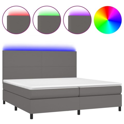 Łóżko kontynentalne z materacem i LED, szara ekoskóra 200x200cm
