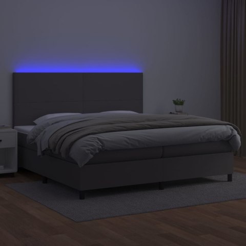 Łóżko kontynentalne z materacem i LED, szara ekoskóra 200x200cm