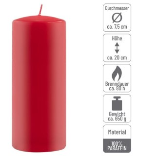 Zestaw świec słupkowych, 20 cm, Ø 7,5 cm, czerwony, 6 sztuk.