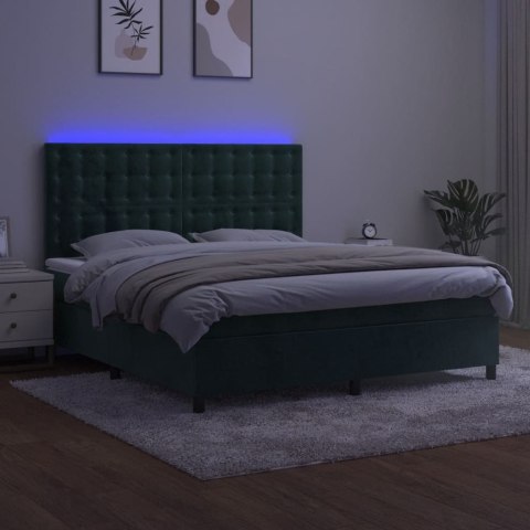 Łóżko kontynentalne z materacem i LED zielony aksamit 160x200cm