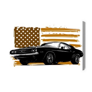 Obraz Na Płótnie Amerykański Muscle Car Na Tle Beżowej Flagi Usa