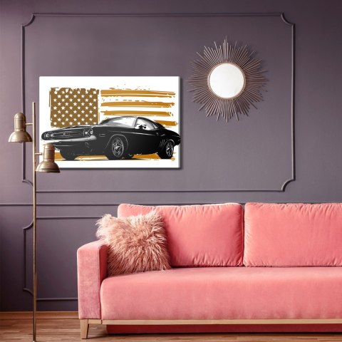 Obraz Na Płótnie Amerykański Muscle Car Na Tle Beżowej Flagi Usa