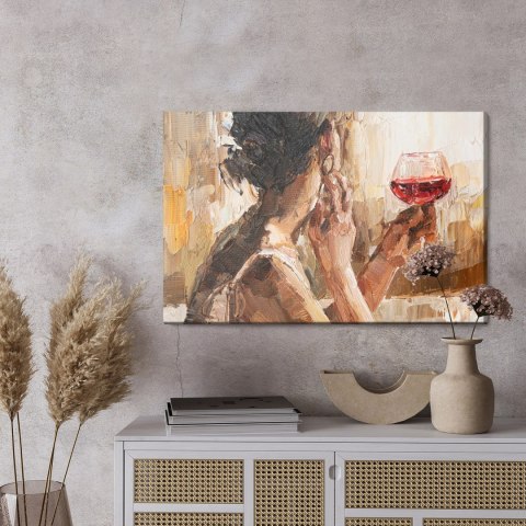 Obraz Na Płótnie Fragment Of Artwork Where Beautiful Attractive Young Woman Holding A Glass Of Wine. Oil Painting On Canvas.