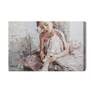 Obraz Na Płótnie Little Ballerina With Curly Hair Sits And Fastens Pointe Shoes . Oil Painting, Palette Knife Technique And Brus