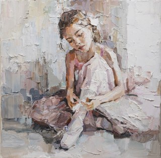 Obraz Na Płótnie Little Ballerina With Curly Hair Sits And Fastens Pointe Shoes . Oil Painting, Palette Knife Technique And Brus