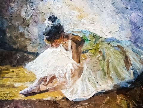 Obraz Na Płótnie Little Girl, Ballerina In A Lush White Ballet Tutu, Tying Pointe Shoes In The Dance Class, Under Bright Dayligh