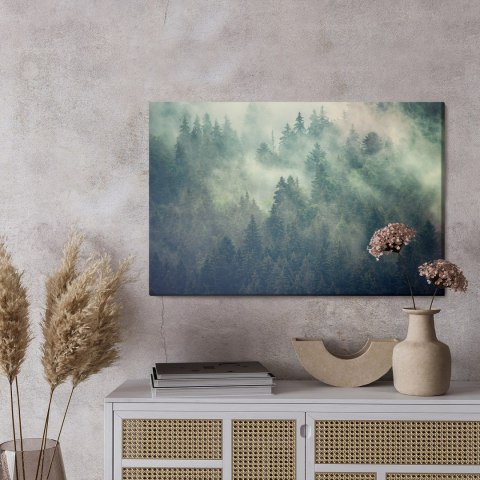 Obraz Na Płótnie Misty Landscape With Fir Forest In Hipster Vintage Retro Style