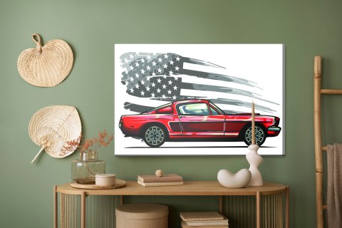 Obraz Na Płótnie Samochód Sportowy Na Szarym Tle Retro Flagi Usa