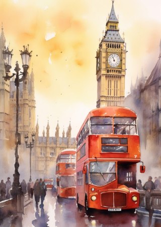 Plakat Autobus I Big Ben W Akwarelowym Londynie