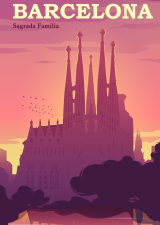 Plakat Barcelona Sagrada Familia Różowa Ilustracja O Zachodzie Słońca