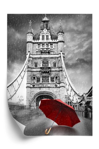 Plakat Czerwony Parasol Na Czarno Białym Tle Z Tower Bridge