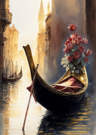 Plakat Gondola Z Bukietem Róż W Wenecji