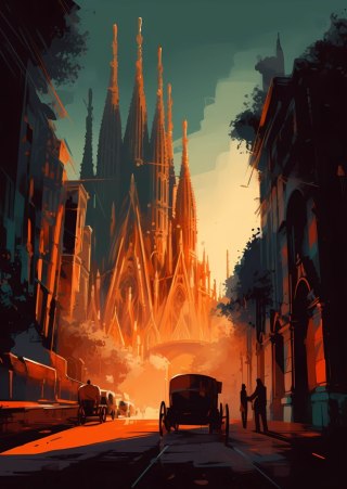 Plakat Kościół Sagrada Familia I Zachód Słońca