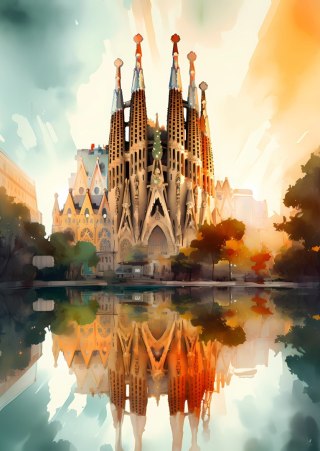 Plakat Kościół Sagrada Familia Malowany Akwarelą
