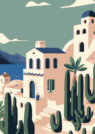 Plakat Architektura I Roślinność Na Wyspie Santorini