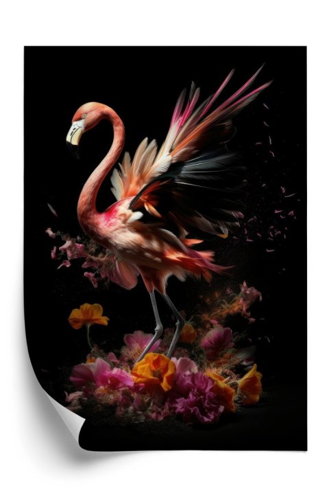Plakat Flaming Z Kwiatami Na Surrealistycznej Ilustracji