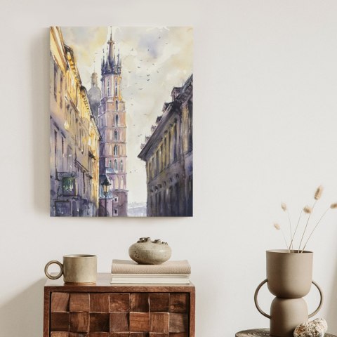 Plakat Florianska Street In Old Town, Kracow, Poland With Miariacki Church In Background.picture Created With Watercolors.