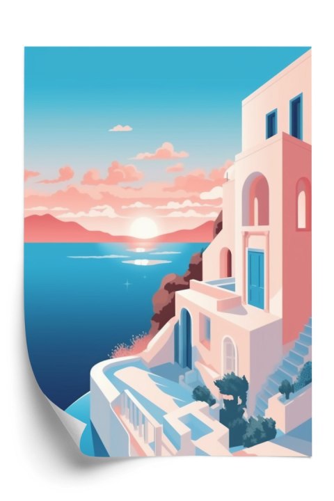 Plakat Ilustracja Z Zachodem Słońca Na Santorini