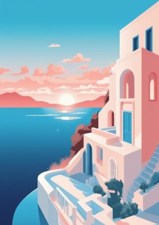 Plakat Ilustracja Z Zachodem Słońca Na Santorini
