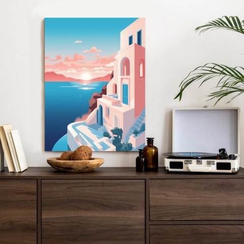 Plakat Ilustracja Z Zachodem Słońca Na Santorini