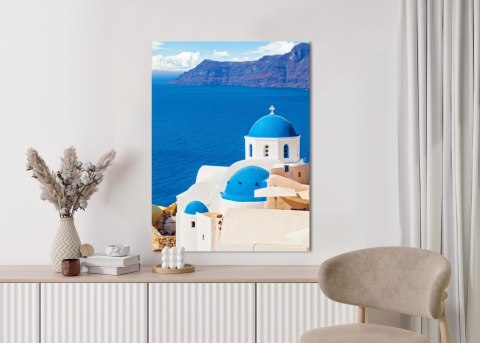 Plakat Krajobraz Santorini Z Białym Kościołem I Widokiem Na Błękitne Morze