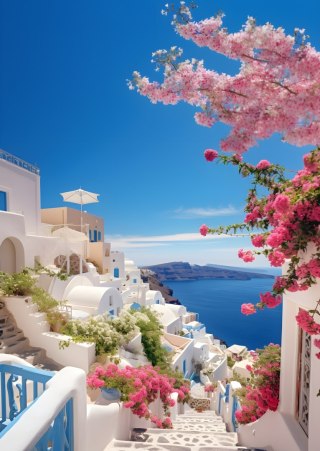 Plakat Malowniczy Widok Na Santorini Z Błękitnym Morzem