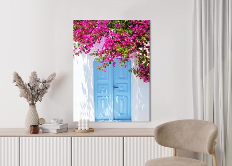 Plakat Niebieskie Drzwi I Różowe Kwiaty Tradycyjna Grecka Architektura