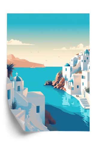 Plakat Piękne Santorini Z Błękitnym Morzem Ilustracja
