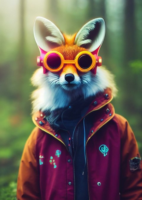 Plakat Portrait Of A Fox Wearing A Cyberpunk Headset, Neon Virtual Glasses, And Cyberpunk Gear. High-Tech Fox. The Concept Of Vi