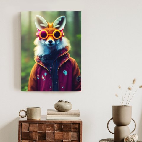 Plakat Portrait Of A Fox Wearing A Cyberpunk Headset, Neon Virtual Glasses, And Cyberpunk Gear. High-Tech Fox. The Concept Of Vi