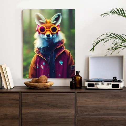 Plakat Portrait Of A Fox Wearing A Cyberpunk Headset, Neon Virtual Glasses, And Cyberpunk Gear. High-Tech Fox. The Concept Of Vi