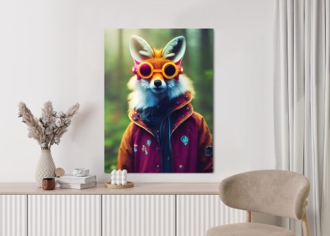 Plakat Portrait Of A Fox Wearing A Cyberpunk Headset, Neon Virtual Glasses, And Cyberpunk Gear. High-Tech Fox. The Concept Of Vi