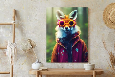 Plakat Portrait Of A Fox Wearing A Cyberpunk Headset, Neon Virtual Glasses, And Cyberpunk Gear. High-Tech Fox. The Concept Of Vi